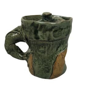 Handmade Rustic Distorted Hobbit Style Stoneware Mug Asymmetrical w/ Lid EUC